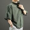 MQMYJSP Men's Summer Cotton-Linen Loose Casual Stand-Collar Three-Quarter-Sleeve Shirt, Breathable, Black, XL view 3