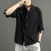 MQMYJSP Men's Summer Cotton-Linen Loose Casual Stand-Collar Three-Quarter-Sleeve Shirt, Breathable, Black, XL view 4