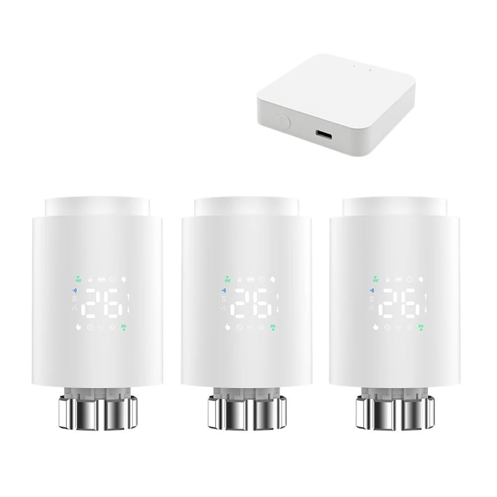 ZXTIIEUF Smart Radiator Thermostat Valve, Programmable TRV with App Support (3-Piece, 1413e-w-Hub)