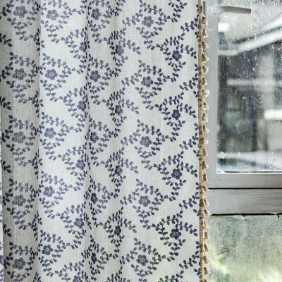Homxi Semi-Sheer Short Cafe Curtains, 1-Piece Set, Beige and Blue Floral Tree Branch Pattern with Tassels, 52 x 18 in