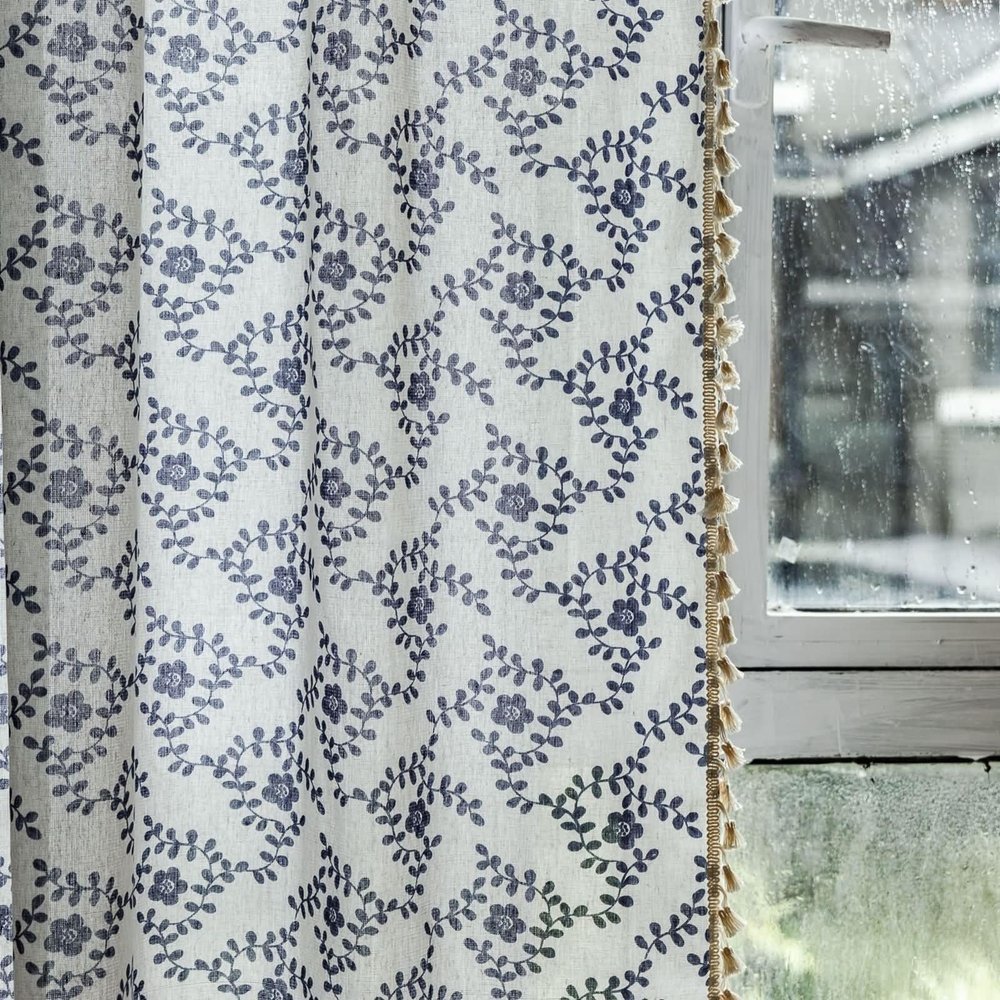 Homxi Semi-Sheer Short Cafe Curtains, 1-Piece Set, Beige and Blue Floral Tree Branch Pattern with Tassels, 52 x 18 in