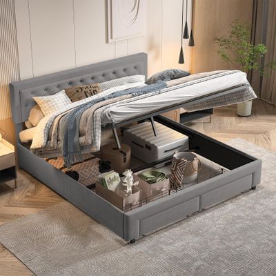 BRILVERDE Upholstered Storage Bed 160 x 200 cm, Gray Velvet