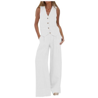 Foweknow Women's Elevated Two-Piece Set with Sleeveless Blazer Vest and Wide-Leg Pants