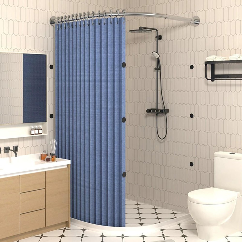 zenggp Shower Curtain Set with Curved Rod and Water-Blocking Strip, Blue + Silver