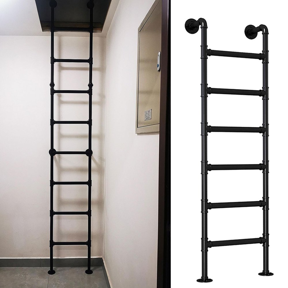 KHLMSRXJ Wall-Mounted Attic Ladder, 1.4 m / 1.5 m / 1.6 m / 210 cm / 2.3 m / 2.7 m, Escape Ladder for Basement Window Wells, Industrial Iron-Pipe Bunk Bed Ladder, Load Capacity