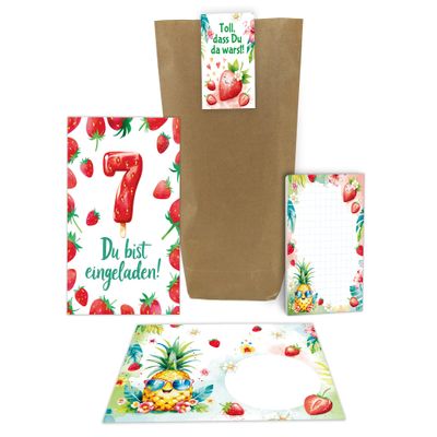 10 Strawberry Invitations for a Girl’s 7th Birthday with Envelopes, Bags, Stickers & Notepads