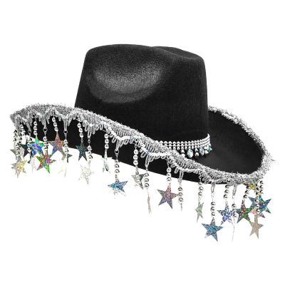 Bling Cowboy Hat for Women, Glitter Cowgirl Party Costume Hat with Five-Point Star Tassels