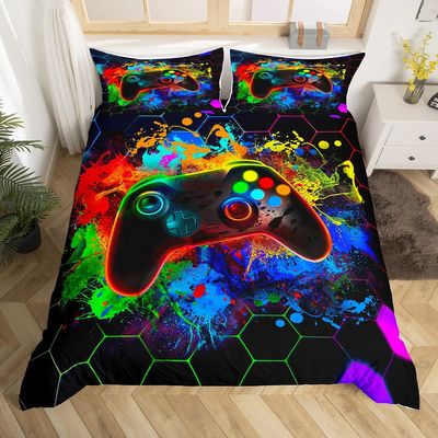 Loussiesd Colorful Gaming Bedding Set, 135 x 200 cm, Geometric Honeycomb Game Controller Design