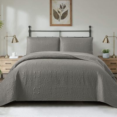 Reversible 3-Piece Bedspread Set for King-Size and Double Beds, Lightweight Cotton, Gray, Quilted and Embroidered, 180 x 220 cm
