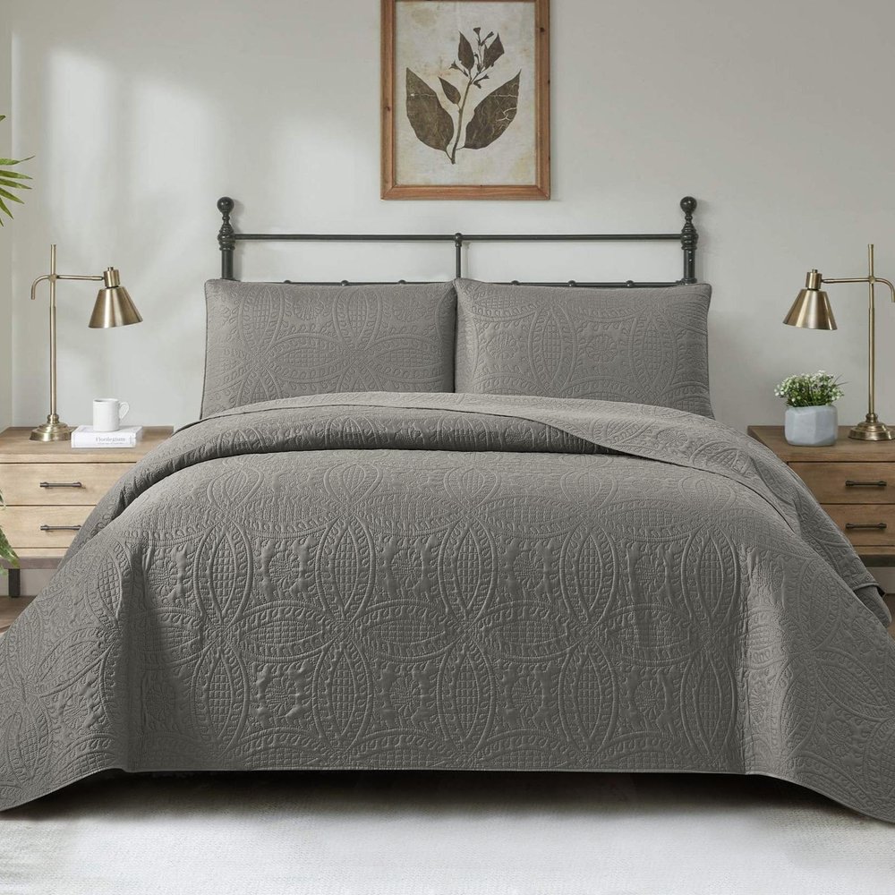 Reversible 3-Piece Bedspread Set for King-Size and Double Beds, Lightweight Cotton, Gray, Quilted and Embroidered, 180 x 220 cm