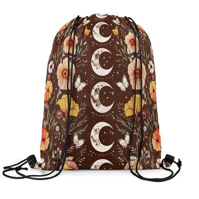Loussiesd Butterfly Drawstring Gym Sack 30x40 cm, Waterproof Backpack with Leaf Pattern, Moonlit Wildflower Floral Botanical Sports Bag
