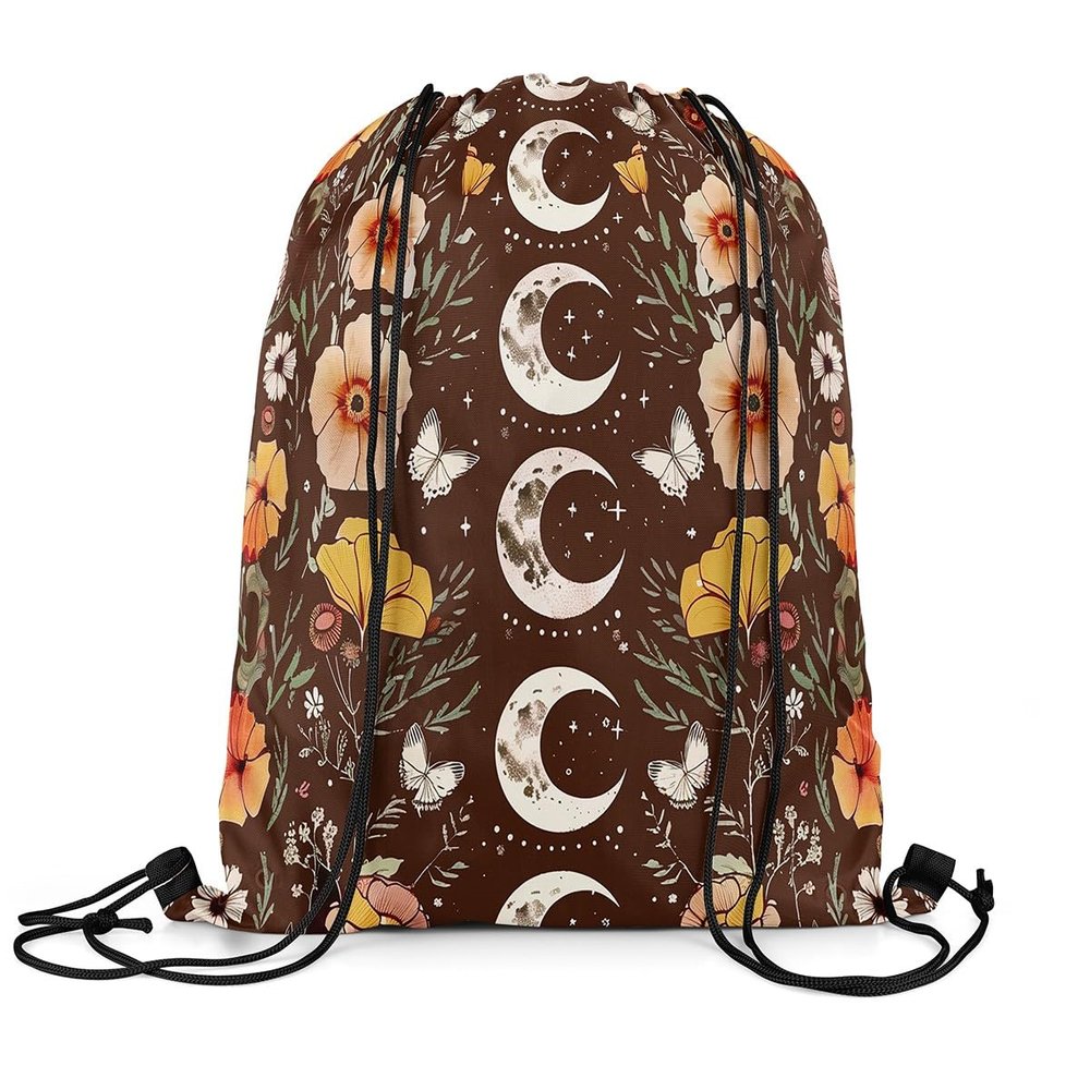 Loussiesd Butterfly Drawstring Gym Sack 30x40 cm, Waterproof Backpack with Leaf Pattern, Moonlit Wildflower Floral Botanical Sports Bag