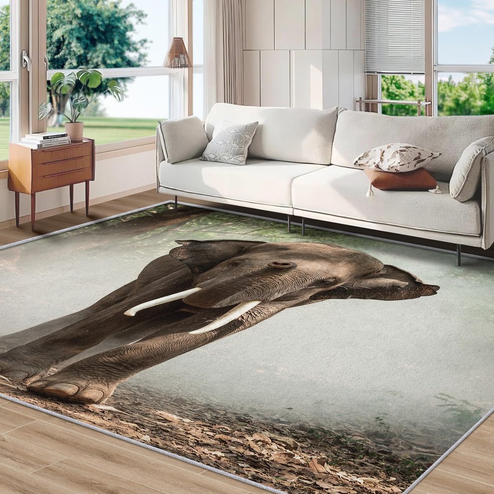 Generic African Elephant Rug for Living Room or Bedroom, Jungle Wildlife Design, 240 x 340 cm, Washable, Non-Slip, Low-Pile