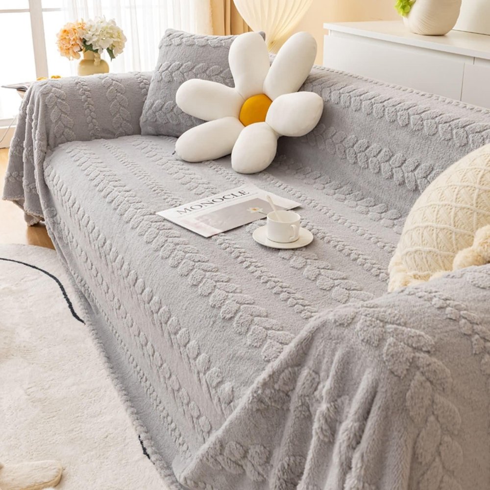 Skcess Gray Plush Sofa Cover with Leaf Pattern, Solid Color, 3-Seater (180 x 280 cm)