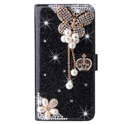 BLOTECH Butterfly Rhinestone Wallet Case for Redmi Note 9 Pro, Black