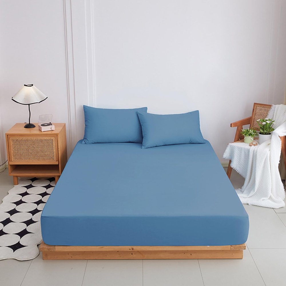 KLUOT Cotton Fitted Sheet 120 x 200 cm, Mattress Protector, Light Blue