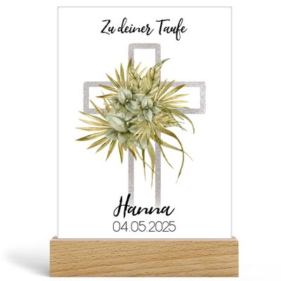 Kiddle-Design Personalized Baptism Gift with Cross, Acrylic Sign 20 x 13 cm with Wooden Base, Gift for Baby Boys & Girls