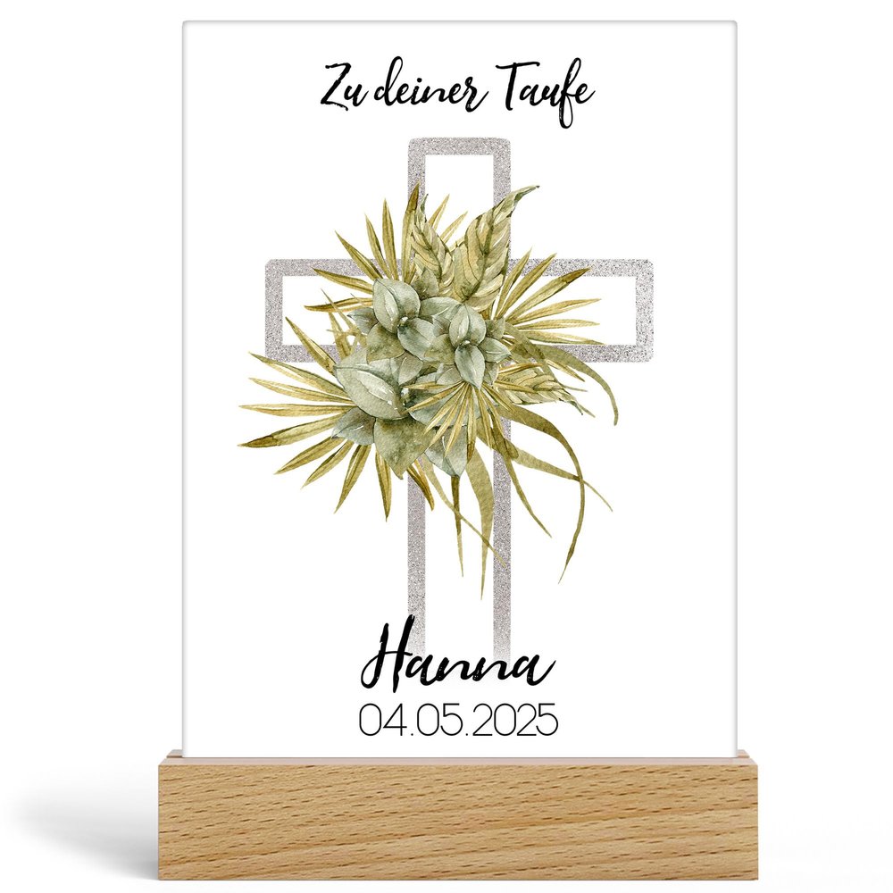 Kiddle-Design Personalized Baptism Gift with Cross, Acrylic Sign 20 x 13 cm with Wooden Base, Gift for Baby Boys & Girls