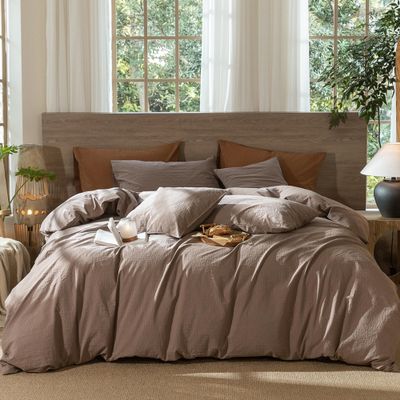 MooMee Wavy Striped Duvet Cover Set, 100% Washed Cotton, Linen-Like Texture, Brown, Cal King 264.2 x 248.9 cm