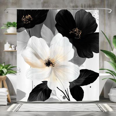 IXEHOH Elegant Black and White Floral Shower Curtain, 135 x 200 cm (W x H)