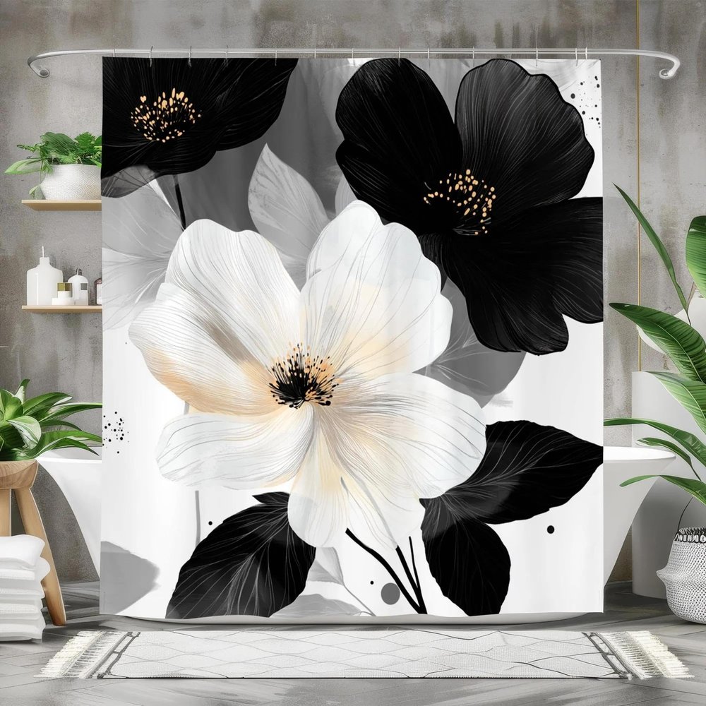 IXEHOH Elegant Black and White Floral Shower Curtain, 135 x 200 cm (W x H)