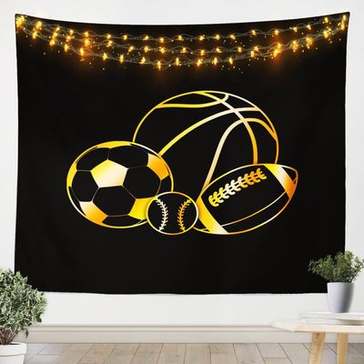 Loussiesd Mixed Ball Wall Tapestry 175 x 230 cm, Football, Basketball and Baseball Room Decor, Matte Black