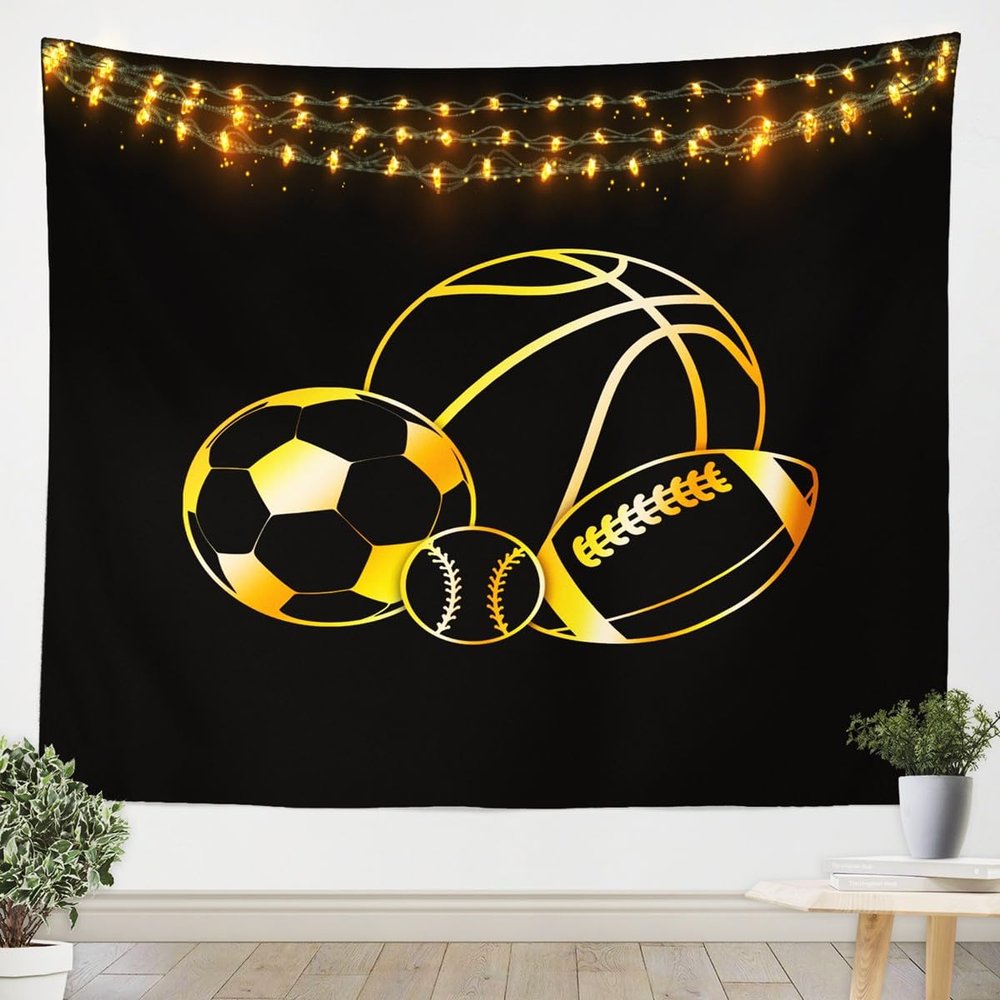 Loussiesd Mixed Ball Wall Tapestry 175 x 230 cm, Football, Basketball and Baseball Room Decor, Matte Black