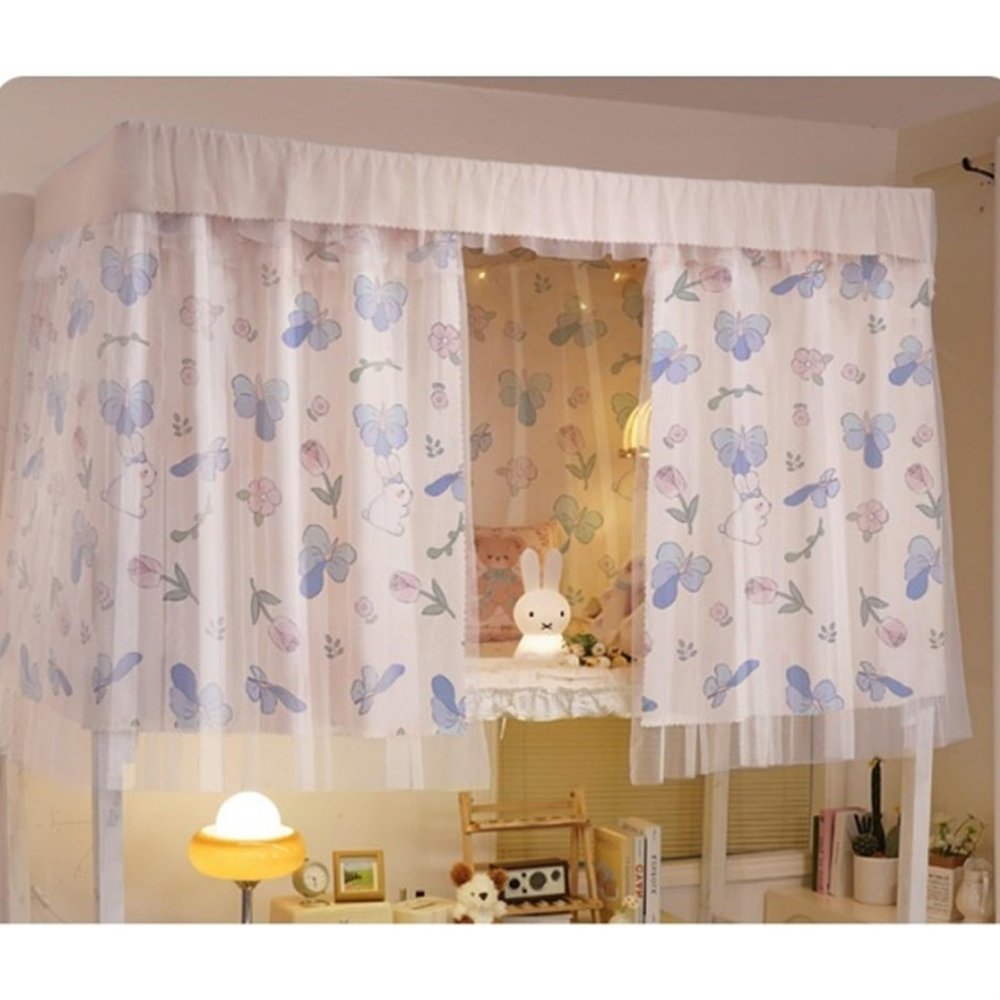 HAJHI Loft Bed Curtain, Polyester Mesh, 1.9 m Single Bed, Blackout and Dust-Resistant, Curtain*3, 1.35 m, Flower A