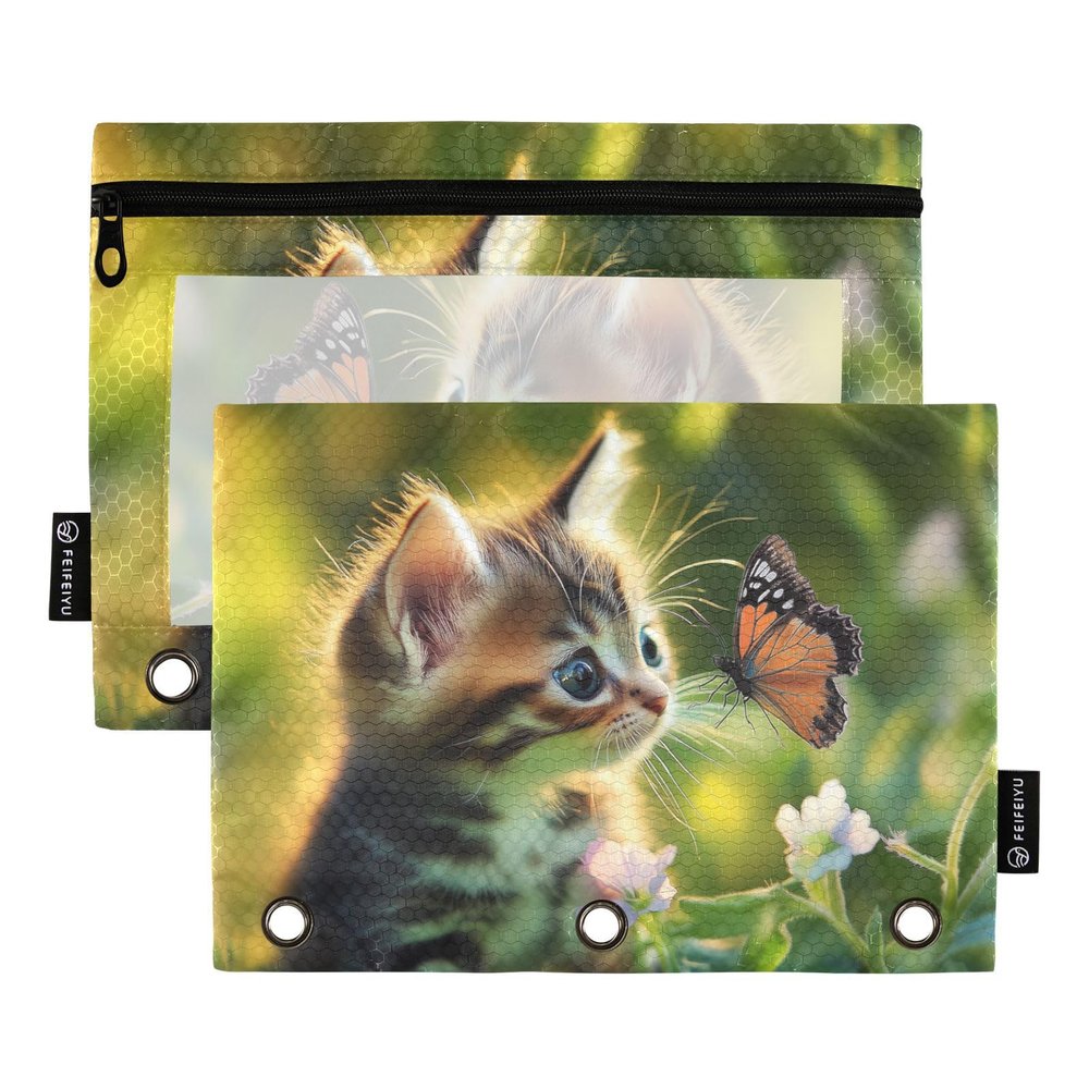 Fustylead Cute Kitten Pencil Pouch with Butterfly Design for Standard 3-Ring Binders