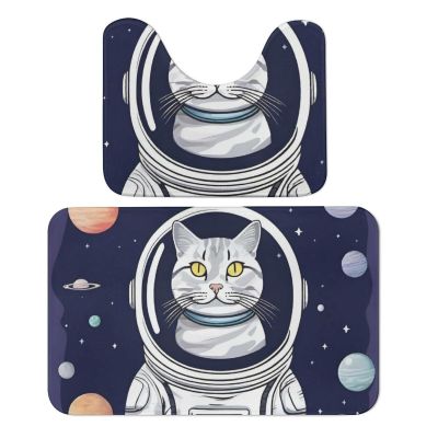 STVNKML Cat in Spacess 2-Piece Bathroom Rug Set, Coral Velvet, 50 x 80 cm, Non-Slip, Absorbent, Soft U-Shaped Bath Mats