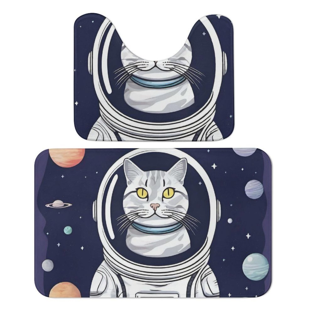 STVNKML Cat in Spacess 2-Piece Bathroom Rug Set, Coral Velvet, 50 x 80 cm, Non-Slip, Absorbent, Soft U-Shaped Bath Mats
