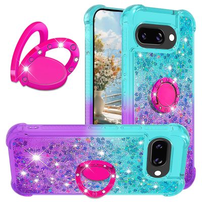 Ysnzaq Glitter Case for Google Pixel 9a with Ring Stand, Moving Quicksand Liquid Design, TPU, YBJB Green Purple