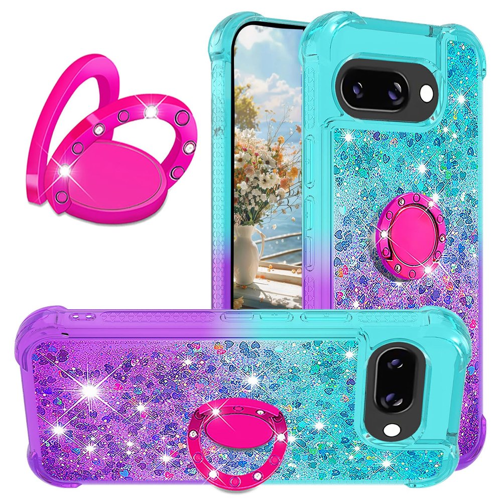 Ysnzaq Glitter Case for Google Pixel 9a with Ring Stand, Moving Quicksand Liquid Design, TPU, YBJB Green Purple