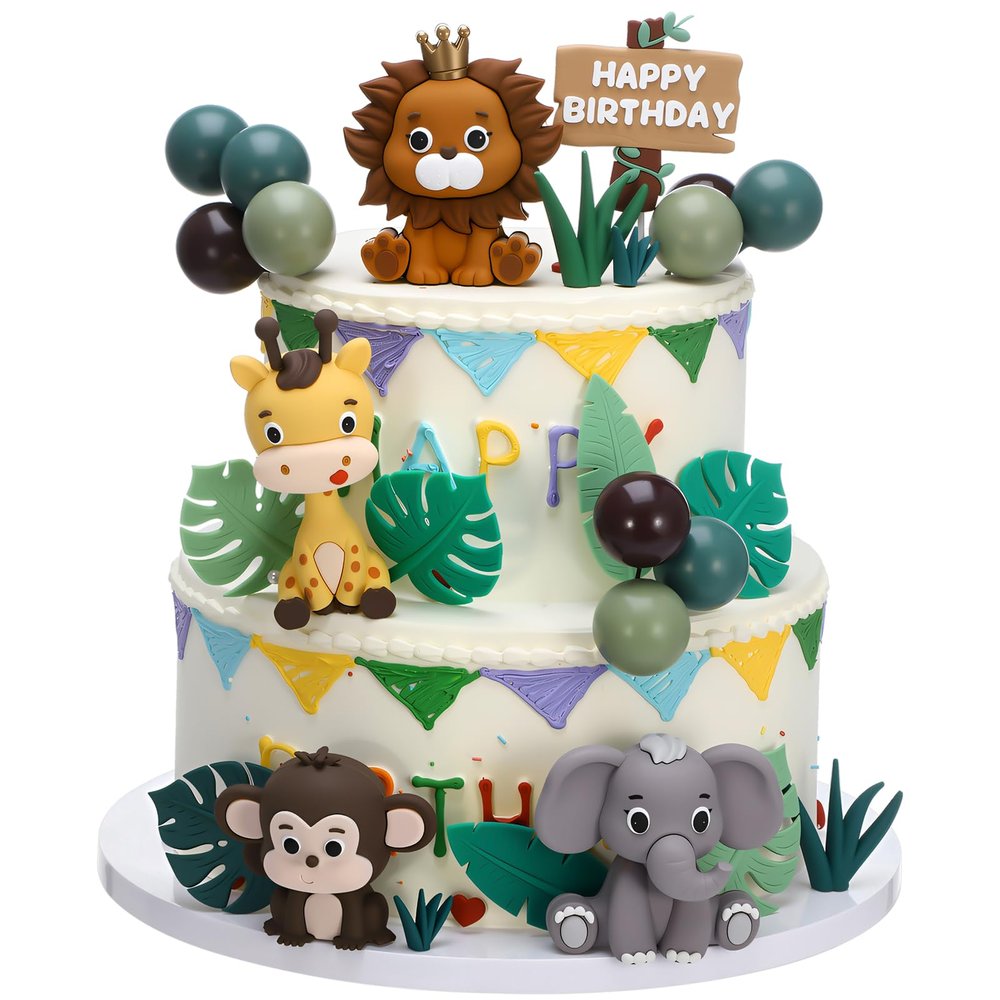 Safari Animal Cake Toppers with Jungle Leaves and Grass, 40-Piece Set