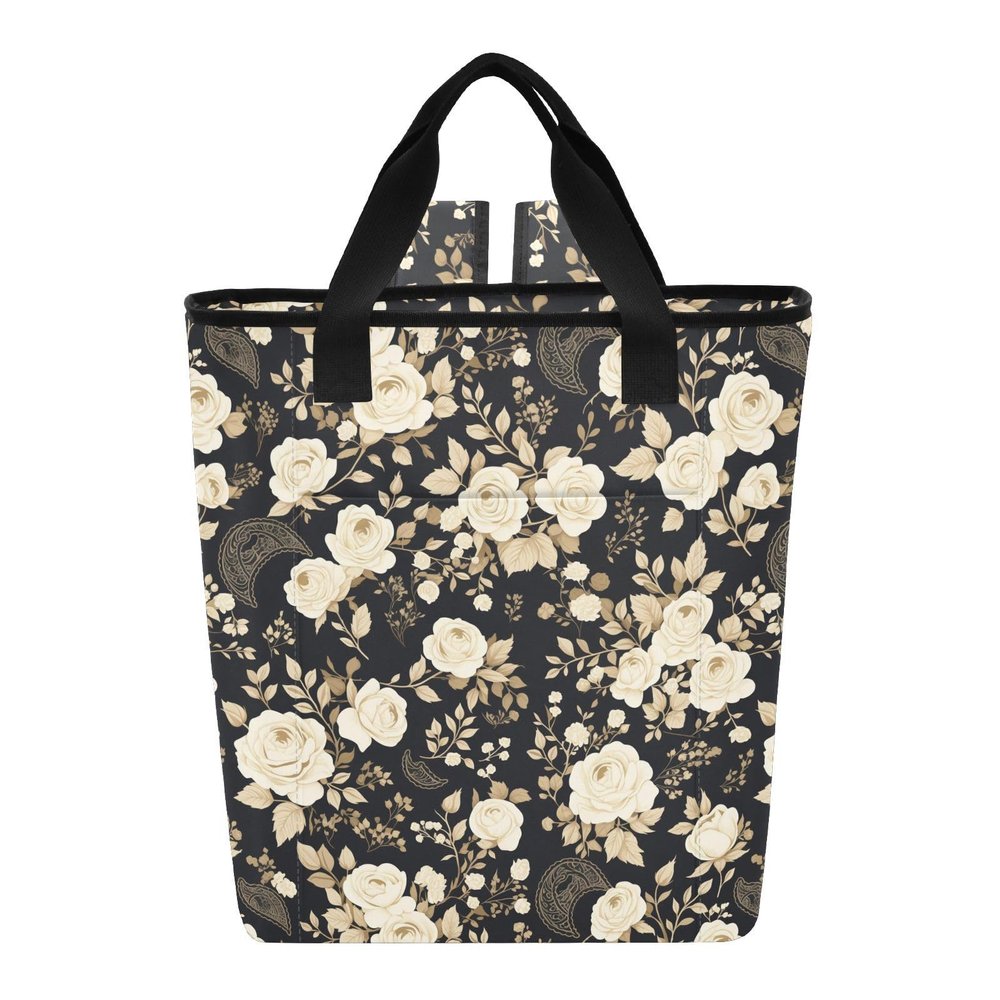 linqin Women's Large Lunch Backpack, Black with White Rose