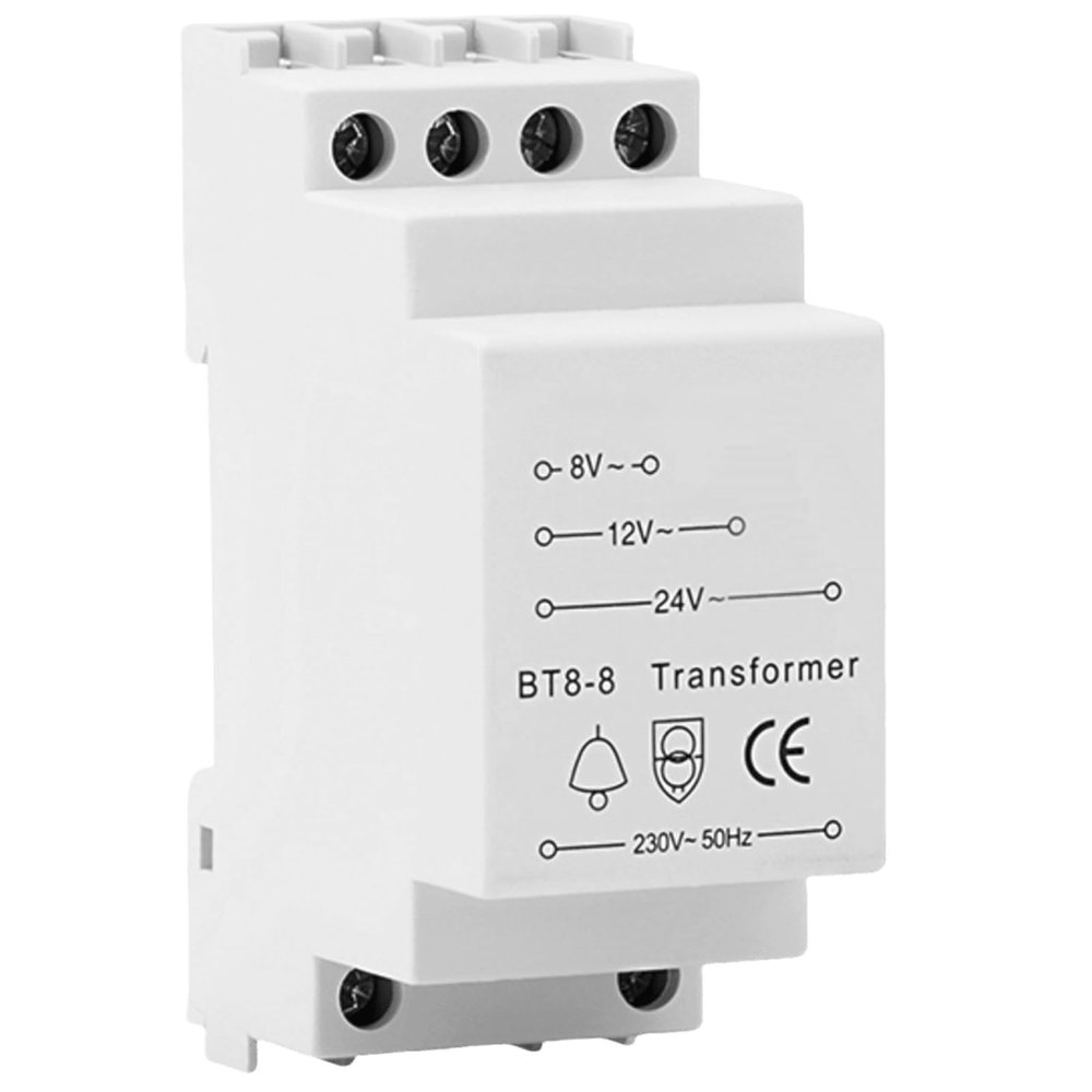 Doorbell Transformer, 8V/12V/24V AC, 8VA, DIN Rail Mount, White
