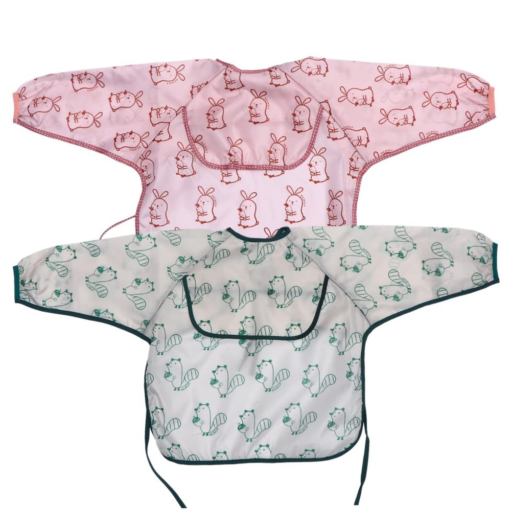 JOINPAYA 2-Pack Long-Sleeve Waterproof Baby Smocks with Rabbit and Squirrel Patterns