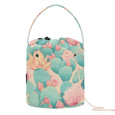 Crochet Yarn Bag, Green Cactus with Pink Flowers