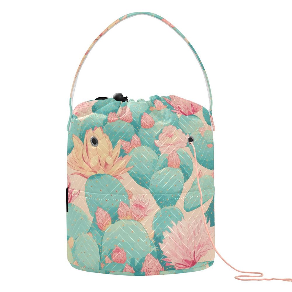 Crochet Yarn Bag, Green Cactus with Pink Flowers