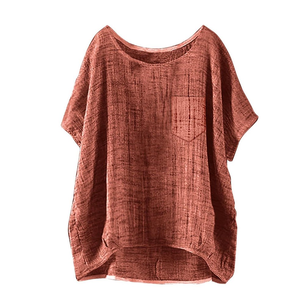 Women's Summer Short-Sleeve Solid Casual Loose Linen Top, Cotton Long-Sleeve Shirt, Orange, M