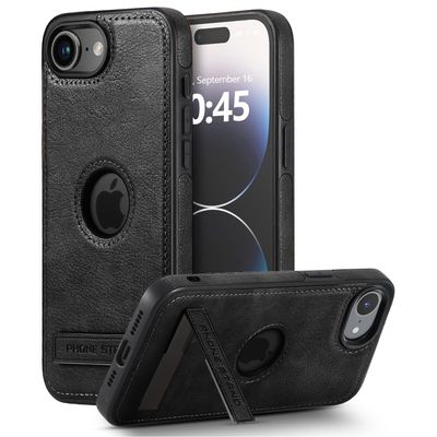 BinBoom Leather Phone Case for iPhone 16e/17e with Stand, Black