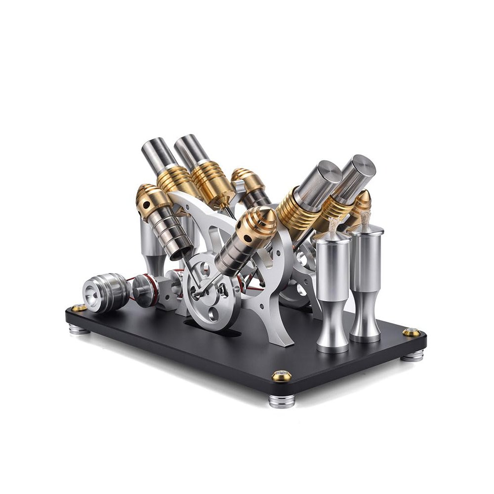 Funwetrike Stirling Engine Model, DIY Metal Boat-Capable V4 4-Cylinder Parallel External Micro Combustion Engine, Physics Science Experiment Kit