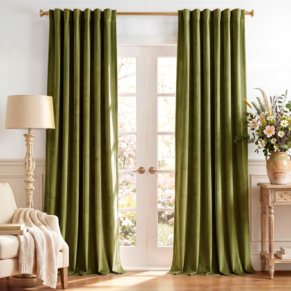 StangH Olive Green Velvet Blackout Curtains, Thermal Insulated, 132 x 234 cm, 2 Panels