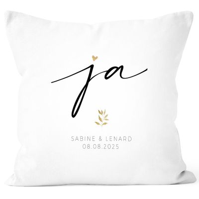 SpecialMe Personalized Wedding Cushion Cover with Names and Date, “Ja” Design, White, Standard