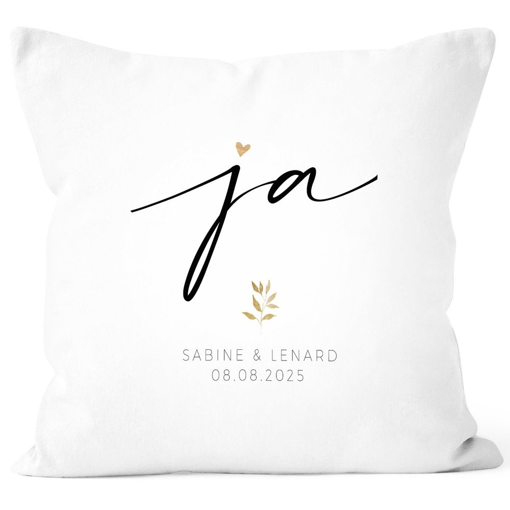 SpecialMe Personalized Wedding Cushion Cover with Names and Date, “Ja” Design, White, Standard