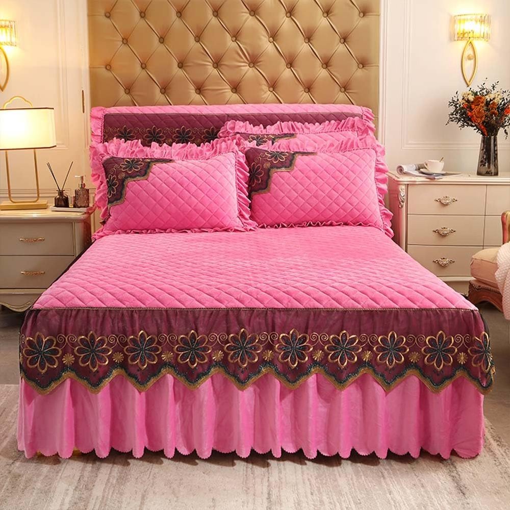 VAYEODEYU Bedspread Set, Ruffled Bedspread and Bed Skirt, Wrap-Around Full Size, with Pillowcases (180 x 200 cm/71 x 79 in)