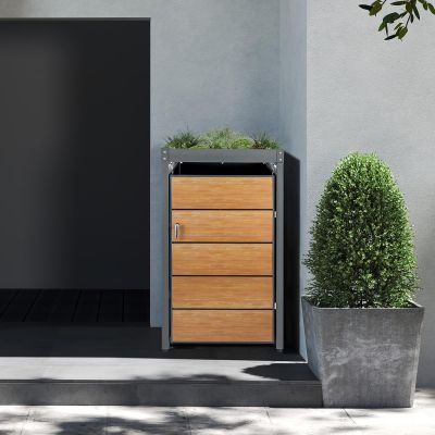 240L Wheelie Bin Storage Box with Plantable Roof, Lockable, Weatherproof, Wood-Look Metal