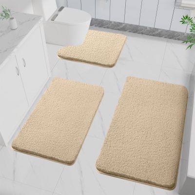 LUOJINYI 3-Piece Non-Slip Shaggy Microfiber Bath Mat Set, Camel
