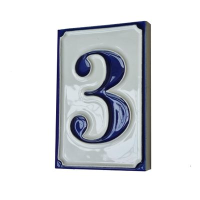 Italian Hand-Painted Blue and White Ceramic House Number Tile, 11 x 7 cm (Number 3)