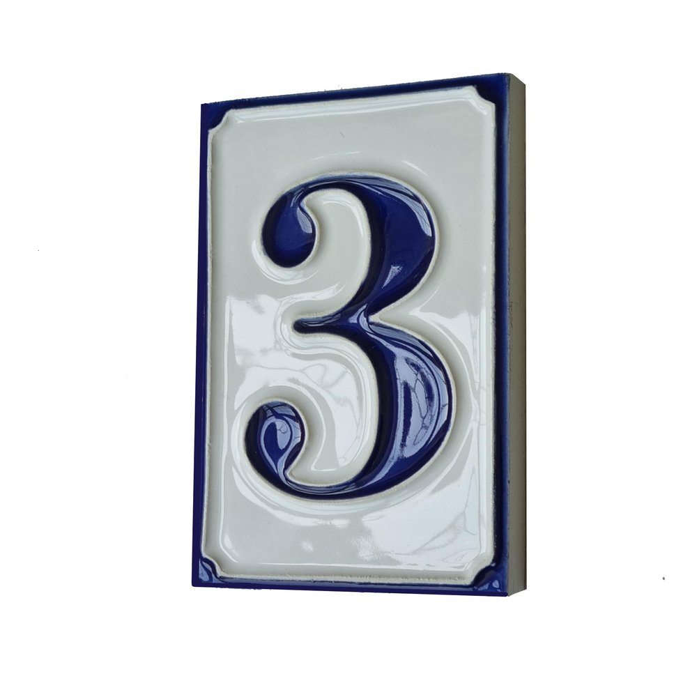 Italian Hand-Painted Blue and White Ceramic House Number Tile, 11 x 7 cm (Number 3)